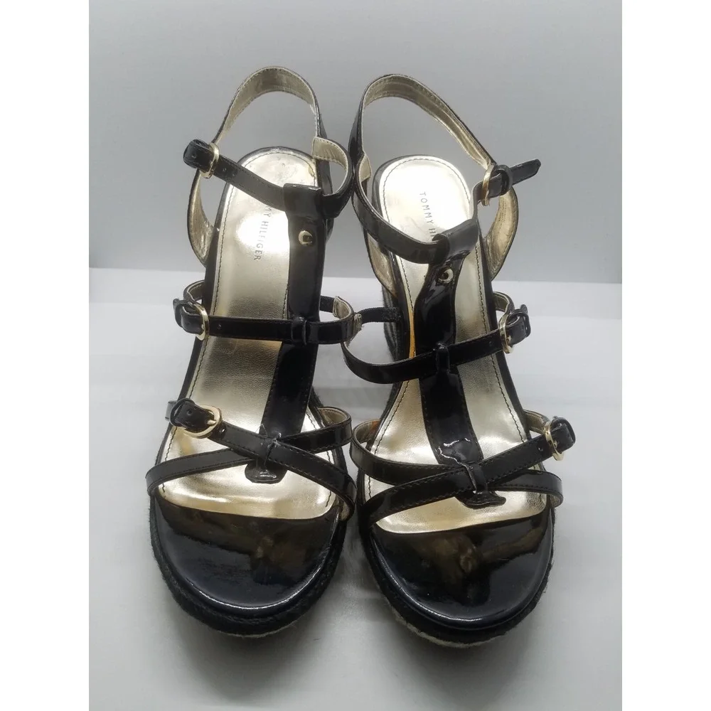 Tommy Hilfiger Espadrille Wedge Slingback Sandals SZ 10M Black Stripped Heel